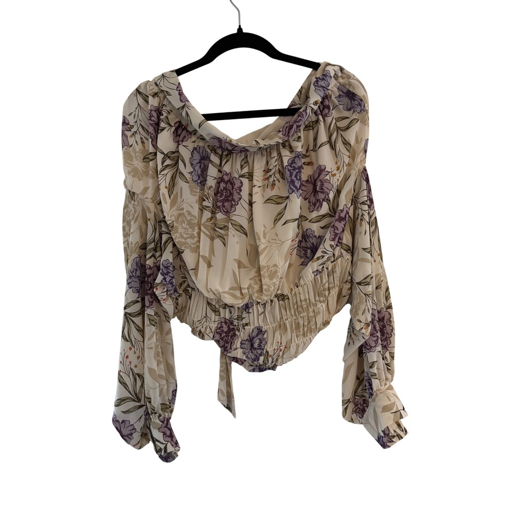 ASTR The Label Floral Off The Shoulder Smocked Tie Back Blouse Purple Cream L